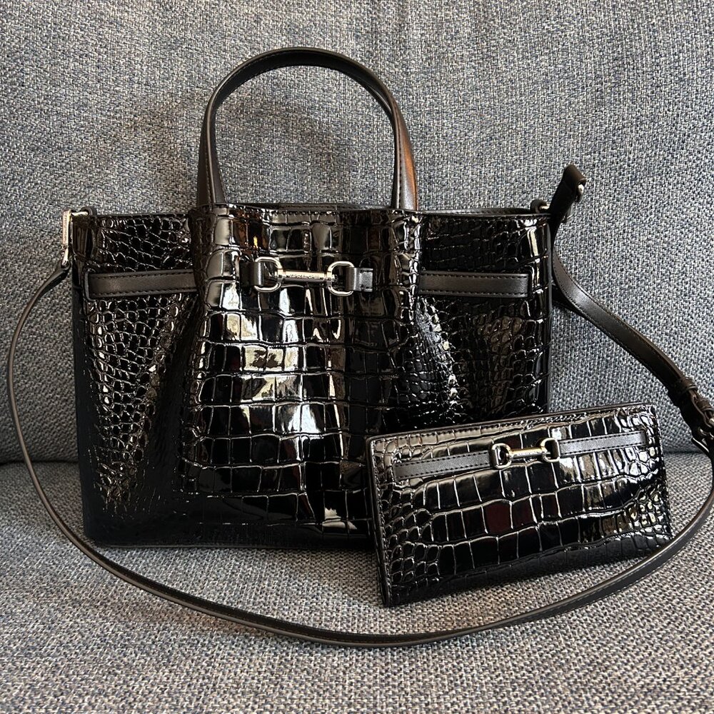 Michael Kors Carson Medium Crocodile Embossed Satchel with wallet